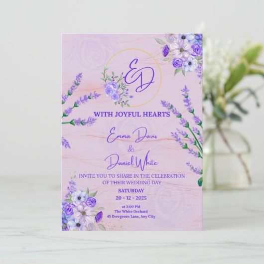 Elegant Purple Botanical Wedding Invitation 招待状 (スタンド正面)