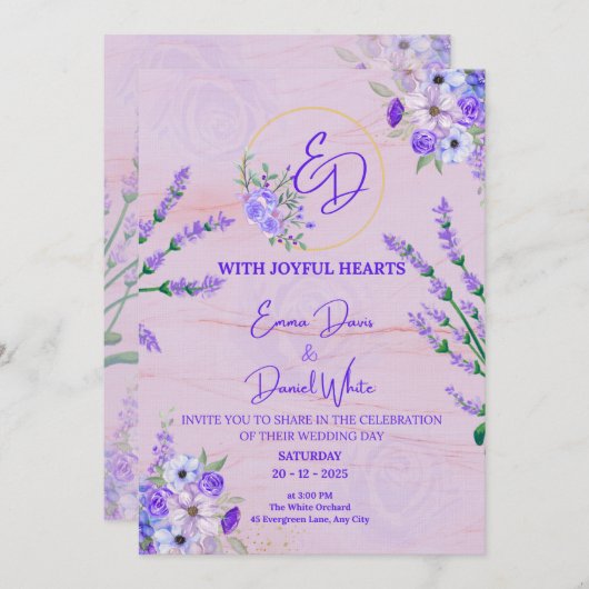 Elegant Purple Botanical Wedding Invitation 招待状 (正面/裏面)