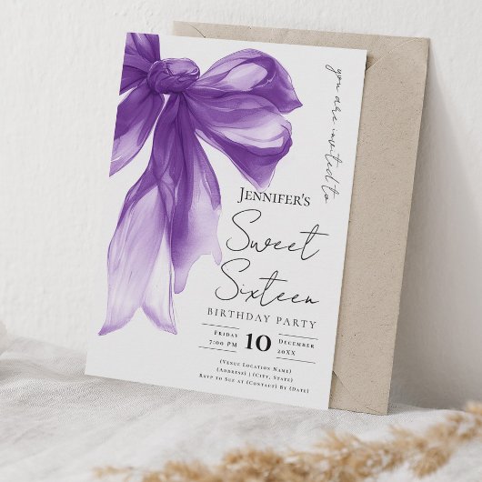 Elegant Purple Bow Coquette Script Sweet 16 Party  招待状