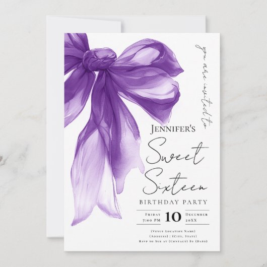 Elegant Purple Bow Coquette Script Sweet 16 Party  招待状 (正面)
