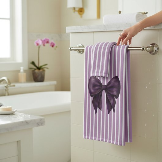 Elegant Purple Bow Striped Bathroom Set バスタオルセット