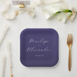 Elegant Purple Calligraphy ペーパープレート<br><div class="desc">This elegant wedding plate features a sophisticated design with a deep purple background and light cream text. The layout is minimalistic, showcasing two names in an elegant cursive script connected by the word "AND" in uppercase letters, followed by a date in a clean sans-serif font. The typography creates a refined...</div>