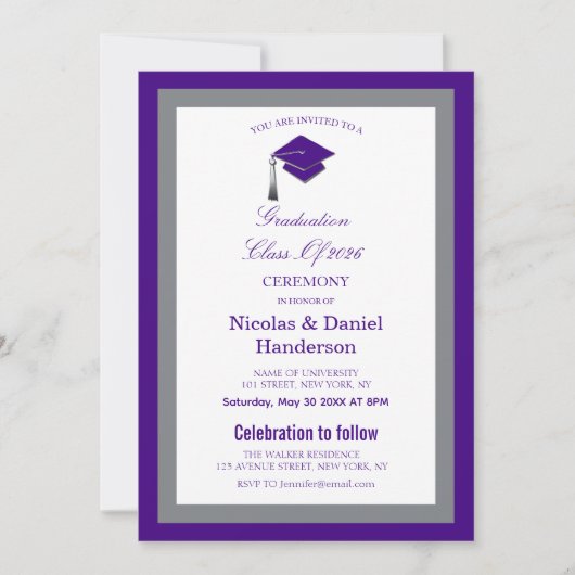 Elegant purple caps graduation ceremony invitation 招待状 (正面)