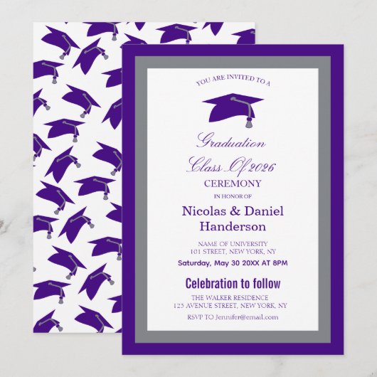 Elegant purple caps graduation ceremony invitation 招待状 (正面/裏面)