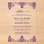 Elegant Purple Damask Islamic Wedding アクリル招待状 (正面)