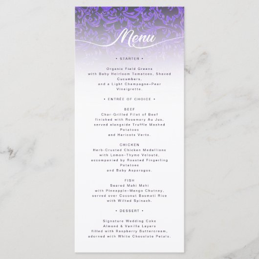 Elegant Purple Damask Wedding Menu Card メニュー (正面)