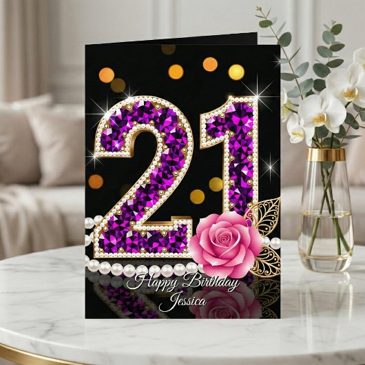 Elegant Purple Diamond Pearl Rose 21st Birthday カード