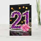 Elegant Purple Diamond Pearl Rose 21st Birthday カード (正面)