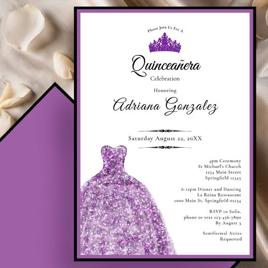 Elegant Purple Dress 15th Birthday Quinceanera 招待状