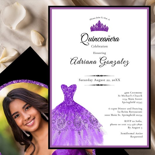 Elegant Purple Dress 15th Birthday Quinceanera 招待状