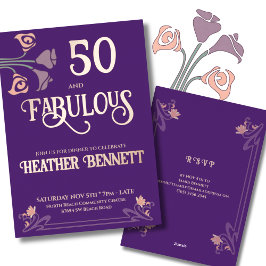 Elegant Purple Fabulous 50 Rose Foil Birthday  箔招待状