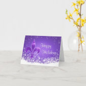 Elegant Purple Fleur-de-lis Snowflake Holiday Card カード (黄色い花)
