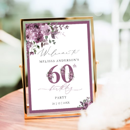 Elegant Purple Floral 60th Birthday Welcome ポスター