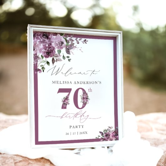 Elegant Purple Floral 70th Birthday Welcome ポスター