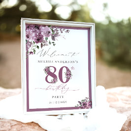 Elegant Purple Floral 80th Birthday Welcome ポスター