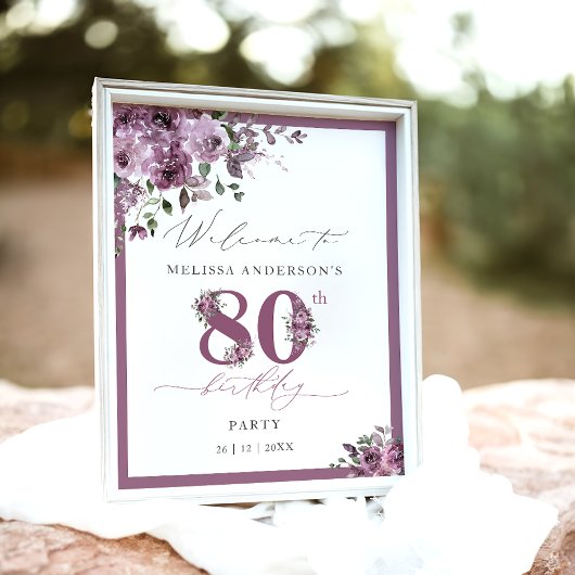 Elegant Purple Floral 80th Birthday Welcome ポスター