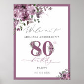 Elegant Purple Floral 80th Birthday Welcome ポスター (正面)