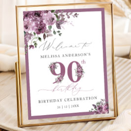 Elegant Purple Floral 90th Birthday Welcome ポスター