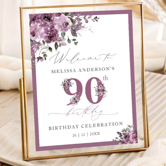 Elegant Purple Floral 90th Birthday Welcome ポスター