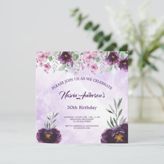 Elegant Purple Floral Birthday Invitation (スタンド正面)