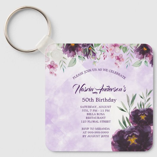 Elegant Purple Floral Birthday Invitation キーホルダー (正面)