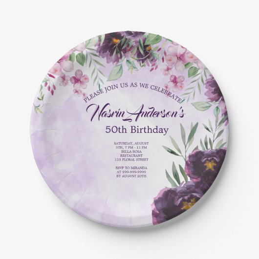 Elegant Purple Floral Birthday Invitation ペーパープレート (正面)