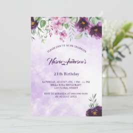 Elegant Purple Floral Birthday Invitation 招待状