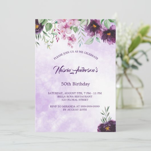 Elegant Purple Floral Birthday Invitation 招待状 (スタンド正面)