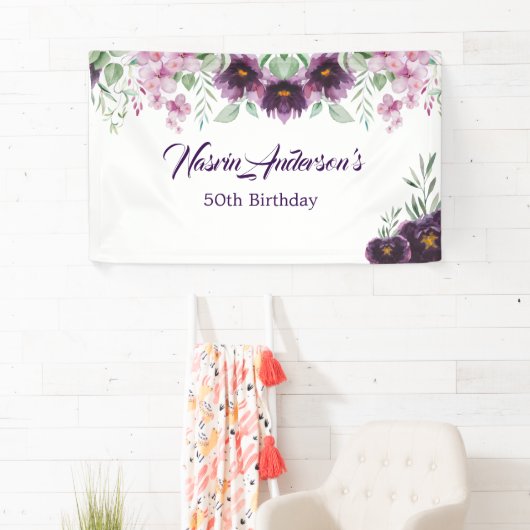 Elegant Purple Floral Birthday Invitation 横断幕 (インサイチュ)