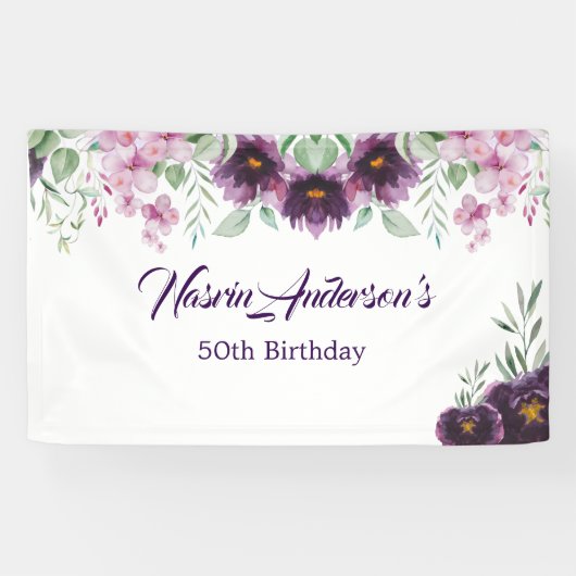 Elegant Purple Floral Birthday Invitation 横断幕 (横)