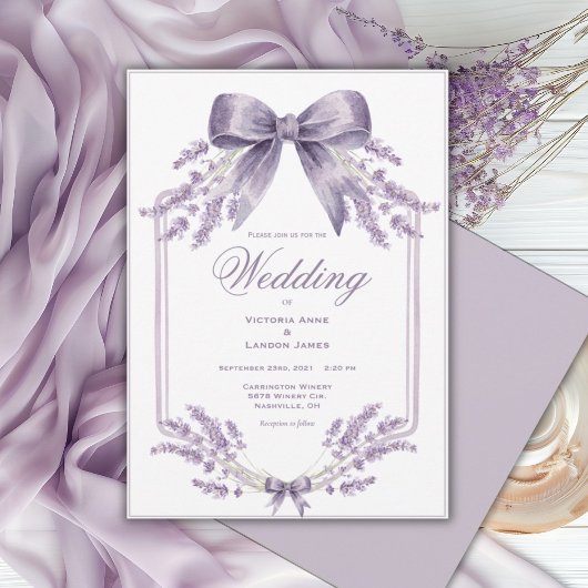Elegant Purple Floral & Bow Wedding Invitation 招待状