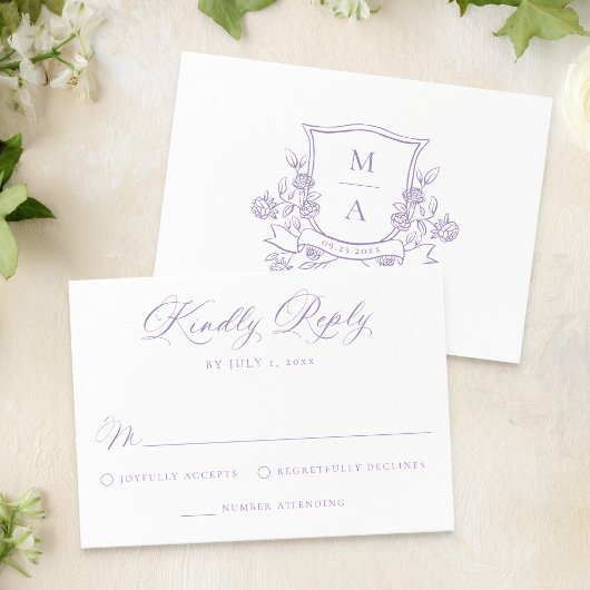 Elegant Purple Floral Crest Monogram Wedding 出欠カード