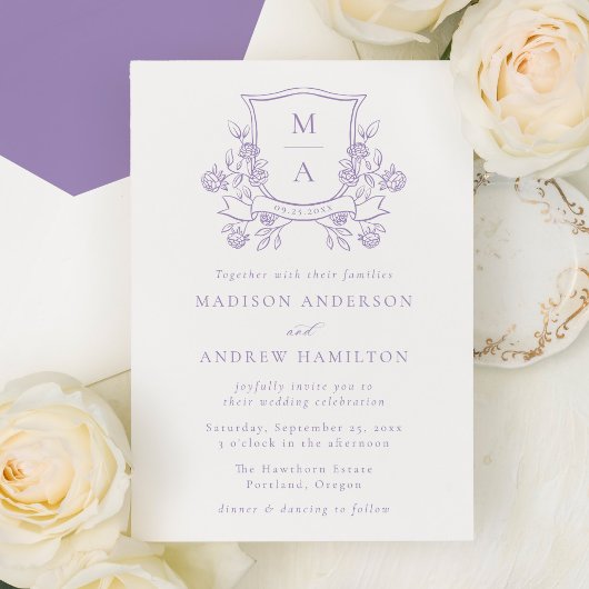 Elegant Purple Floral Crest Monogram Wedding 招待状