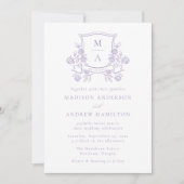 Elegant Purple Floral Crest Monogram Wedding 招待状 (正面)