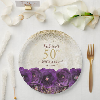 Elegant Purple Floral Gold 50th Birthday Party ペーパープレート
