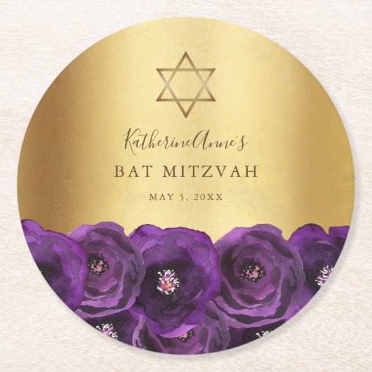 Elegant Purple Floral Gold Bat Mitzvah ラウンドペーパーコースター (正面)
