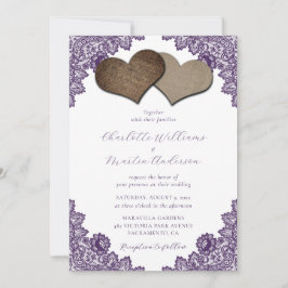 Elegant Purple Floral Lace Burlap Hearts Wedding 招待状