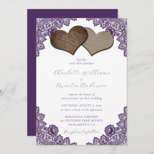 Elegant Purple Floral Lace Burlap Hearts Wedding 招待状 (正面/裏面)