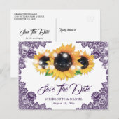 Elegant Purple Floral Lace Sunflower Wedding 案内ポストカード (正面/裏面)