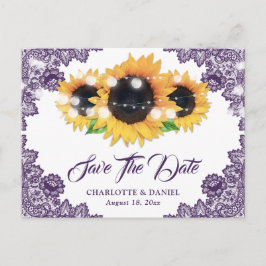 Elegant Purple Floral Lace Sunflower Wedding 案内ポストカード