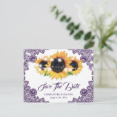 Elegant Purple Floral Lace Sunflower Wedding 案内ポストカード (スタンド正面)