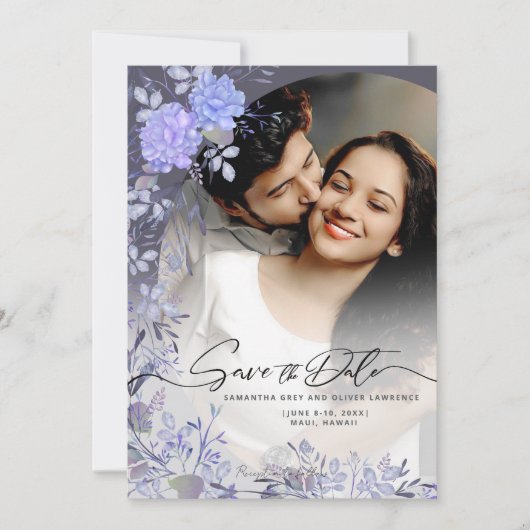 Elegant Purple Floral Photo Save the Date Card セーブザデート (正面)