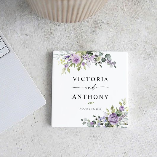 Elegant Purple Floral Square Wedding Coaster コースター