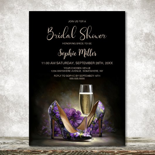Elegant Purple Floral Stiletto Shoes Bridal Shower 招待状