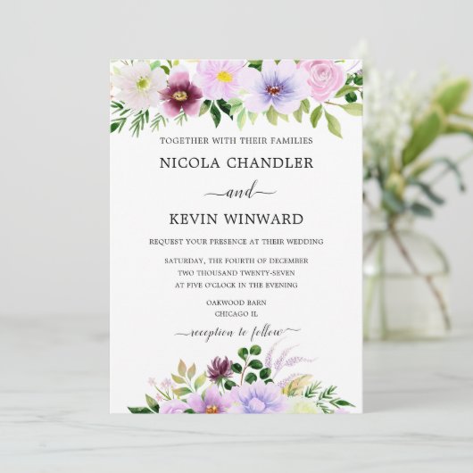 Elegant Purple Floral Wedding 招待状 (スタンド正面)