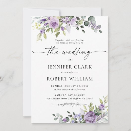 Elegant Purple Floral Wedding Invitation 招待状 (正面)