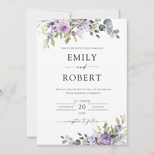 Elegant Purple Floral Wedding Invitation 招待状 (正面)