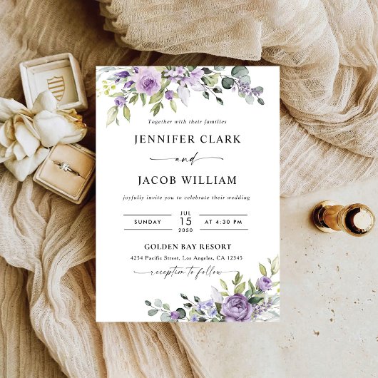 Elegant Purple Floral Wedding Invitation 招待状