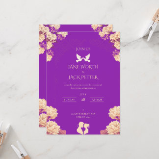 Elegant Purple Floral Wedding Invitation with Dove 招待状