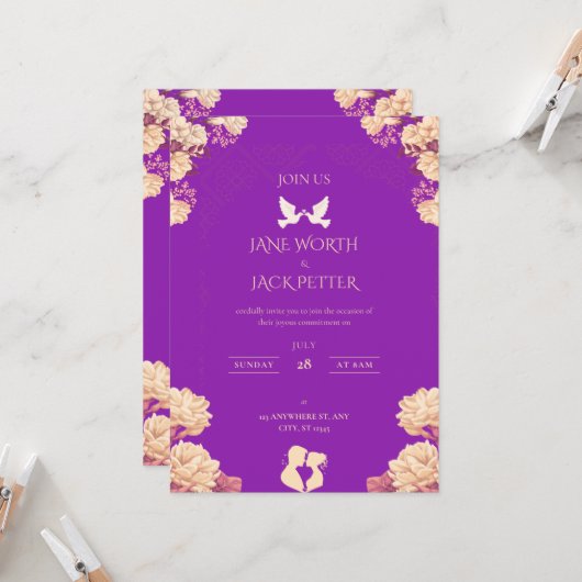 Elegant Purple Floral Wedding Invitation with Dove 招待状 (正面/裏面インサイチュ)